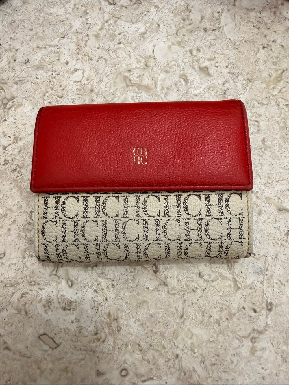 Carolina Herrera Red Leather & Monogram Trifold Wallet